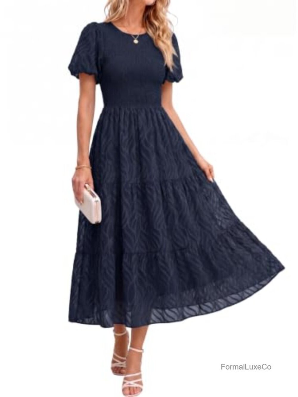 Womens Chiffon Midi Dress Short Sleeve Smocked Crewneck A Line Tiered